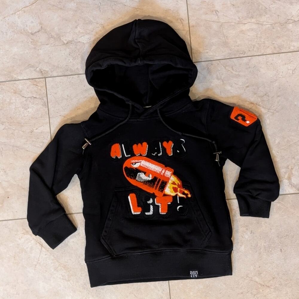 rebel always lit denim City bullit nintendo black hoodie size boys 4/5 XS
